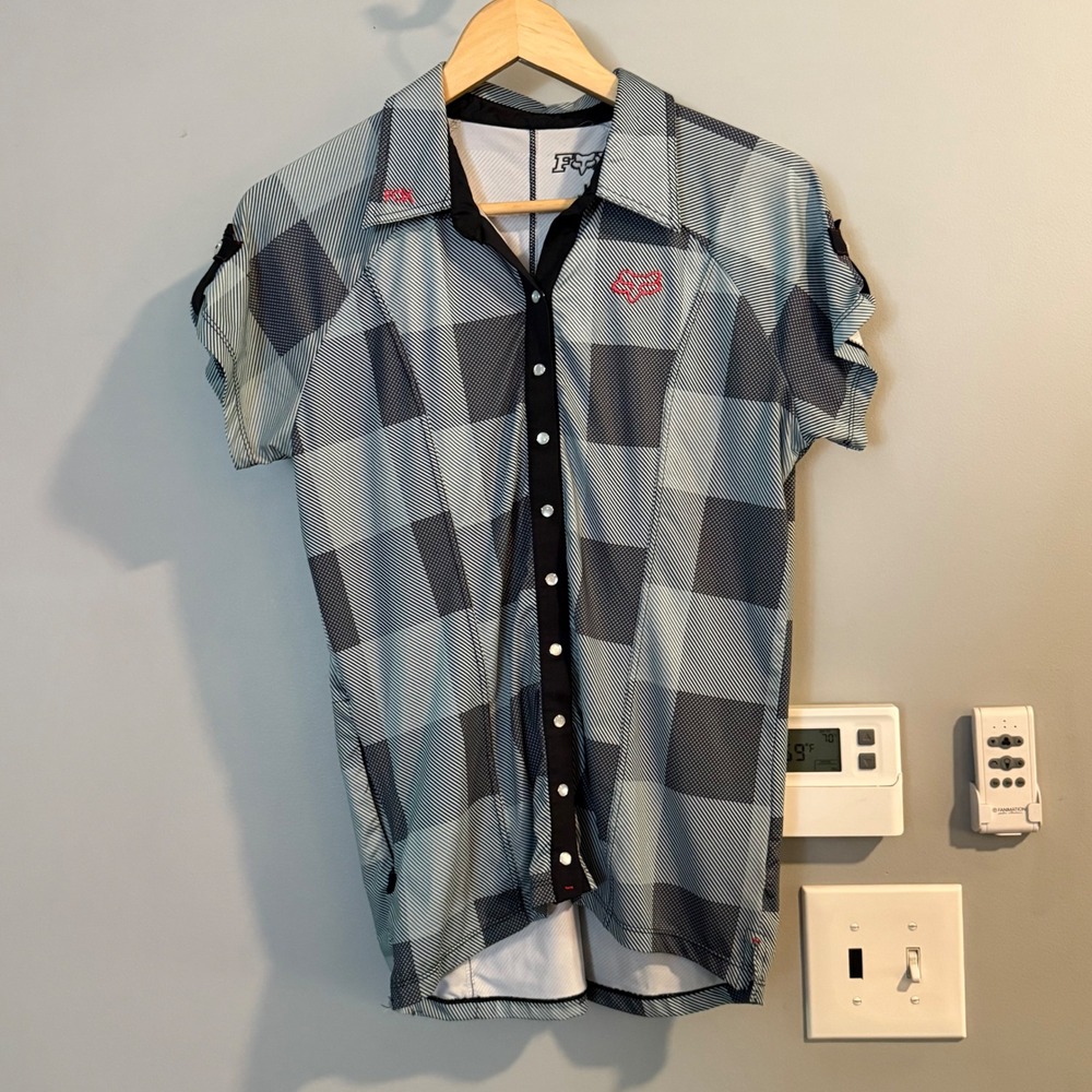 Fox Racing Cycling Jersey Womens L Grey Checkered Button Up MTB Shirt 23212